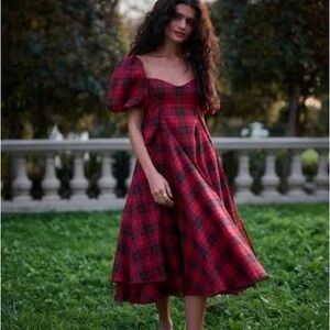 Selkie Royal Tartan Day Dress - Red Plaid Midi Dress with Puff Sleeves